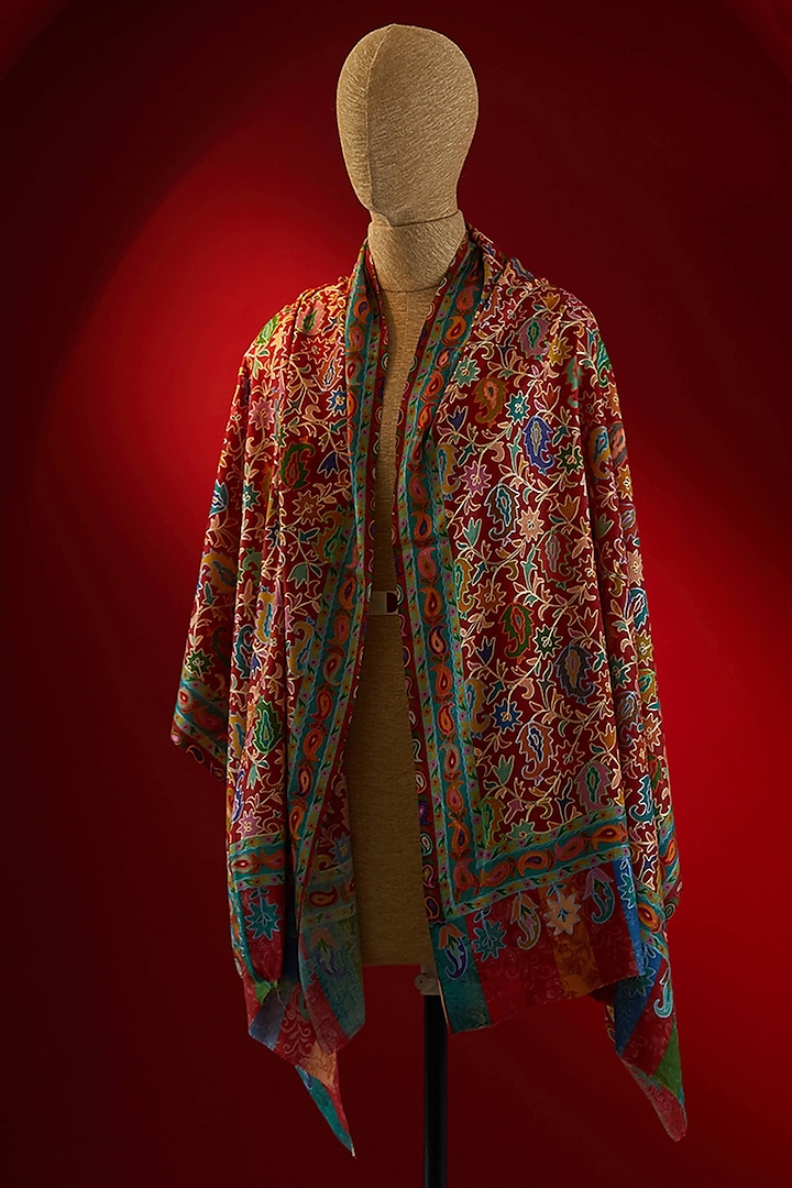 Multi-Colored Silk Thread Embroidered & Digital Printed Stole by Shaza at Pernia's Pop Up Shop