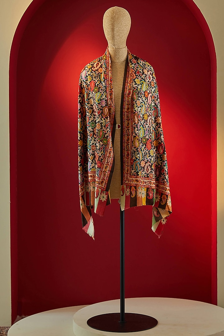 Multi-Colored Silk Thread Embroidered & Digital Printed Stole by Shaza at Pernia's Pop Up Shop