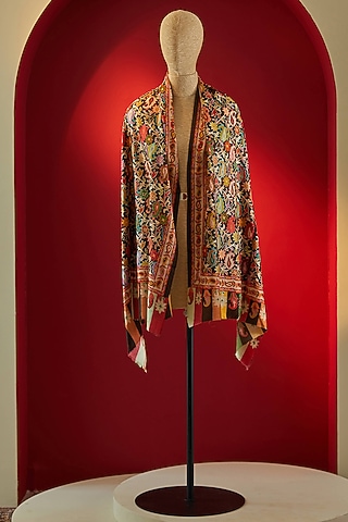Multi-Colored Silk Thread Embroidered & Digital Printed Stole by Shaza