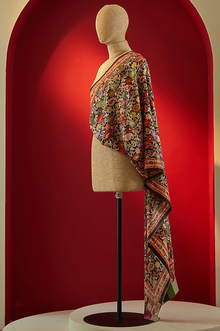 Multi-Colored Silk Thread Embroidered & Digital Printed Stole by Shaza at Pernia's Pop Up Shop