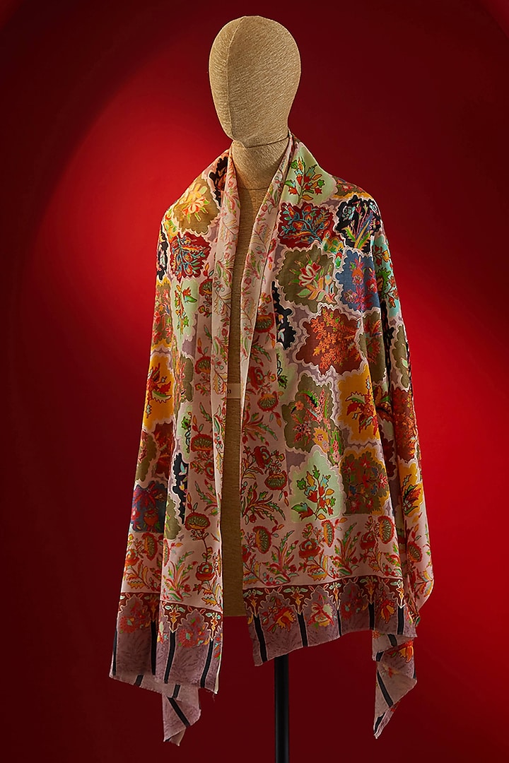 Multi-Colored Silk Thread Embroidered & Digital Printed Stole by Shaza at Pernia's Pop Up Shop