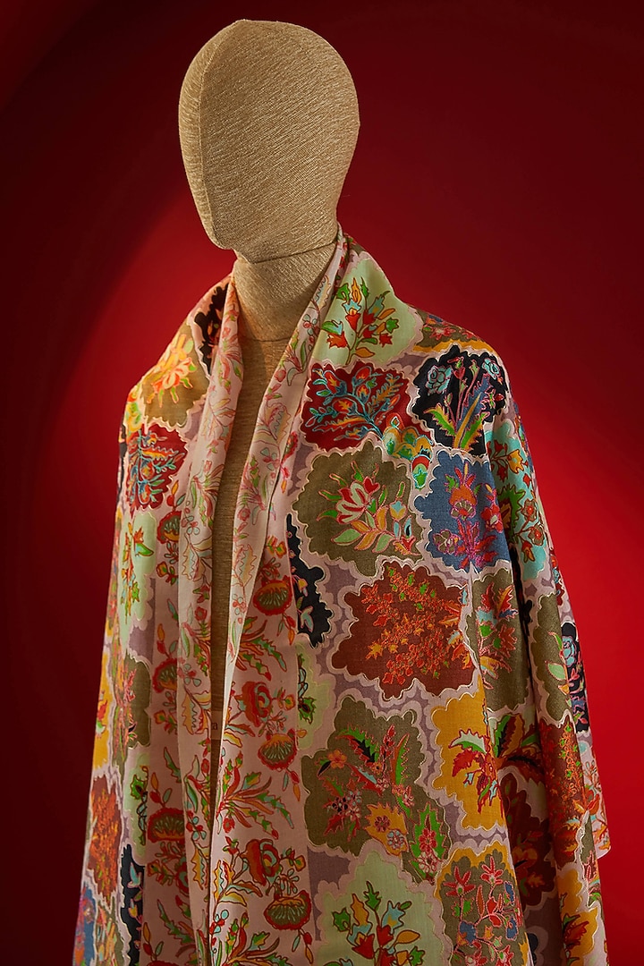 Multi-Colored Silk Thread Embroidered & Digital Printed Stole by Shaza at Pernia's Pop Up Shop