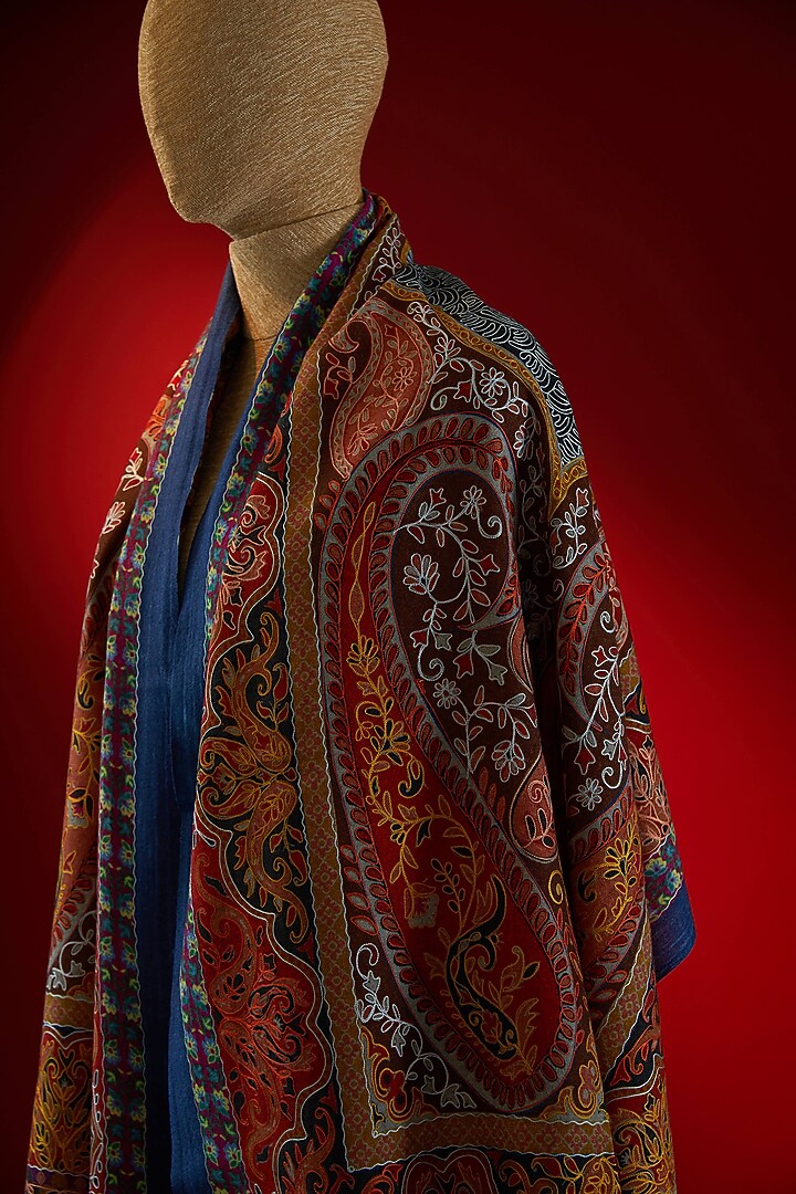 Multi-Colored Silk Thread Embroidered & Digital Printed Stole by Shaza at Pernia's Pop Up Shop