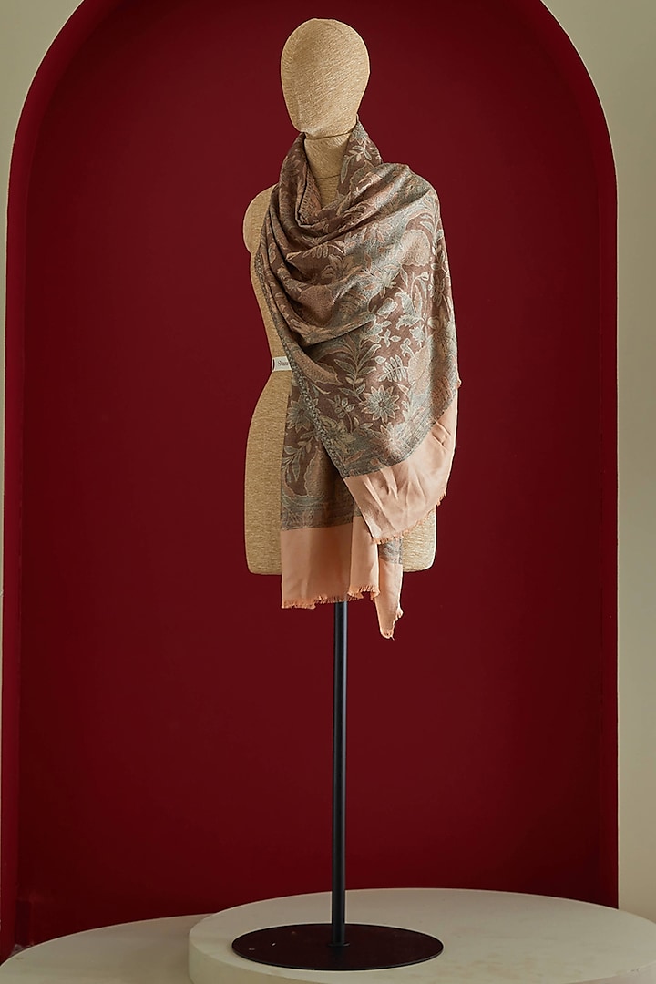 Honey Peach & Brown Fine Count Wool Kani Stole by Shaza at Pernia's Pop Up Shop