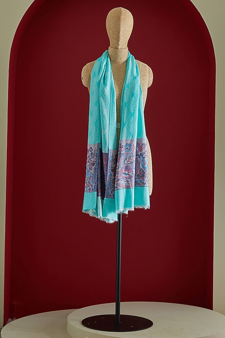 Light Teal & Purple Wool Silk Kani Stole by Shaza at Pernia's Pop Up Shop