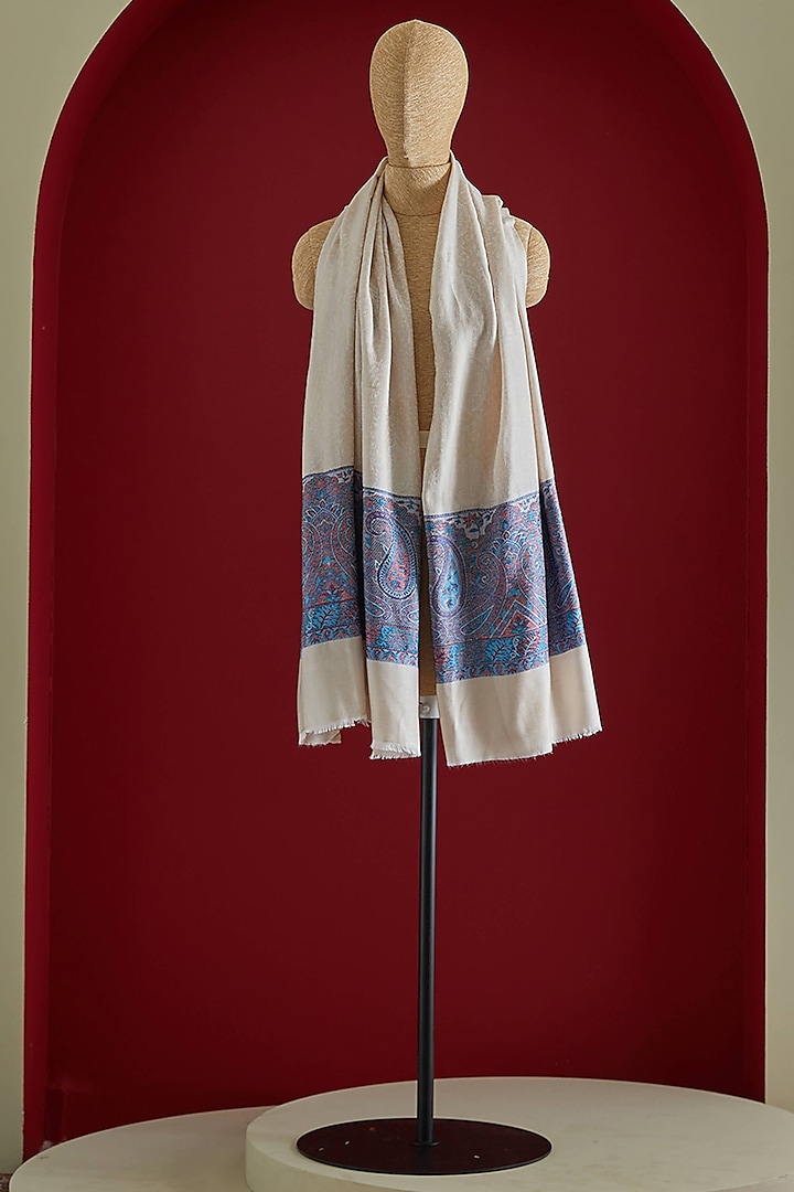 White & Blue Wool Silk Kani Stole by Shaza at Pernia's Pop Up Shop