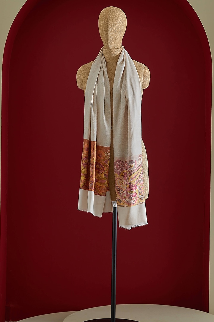 White & Rusty Orange Wool Silk Kani Stole by Shaza at Pernia's Pop Up Shop