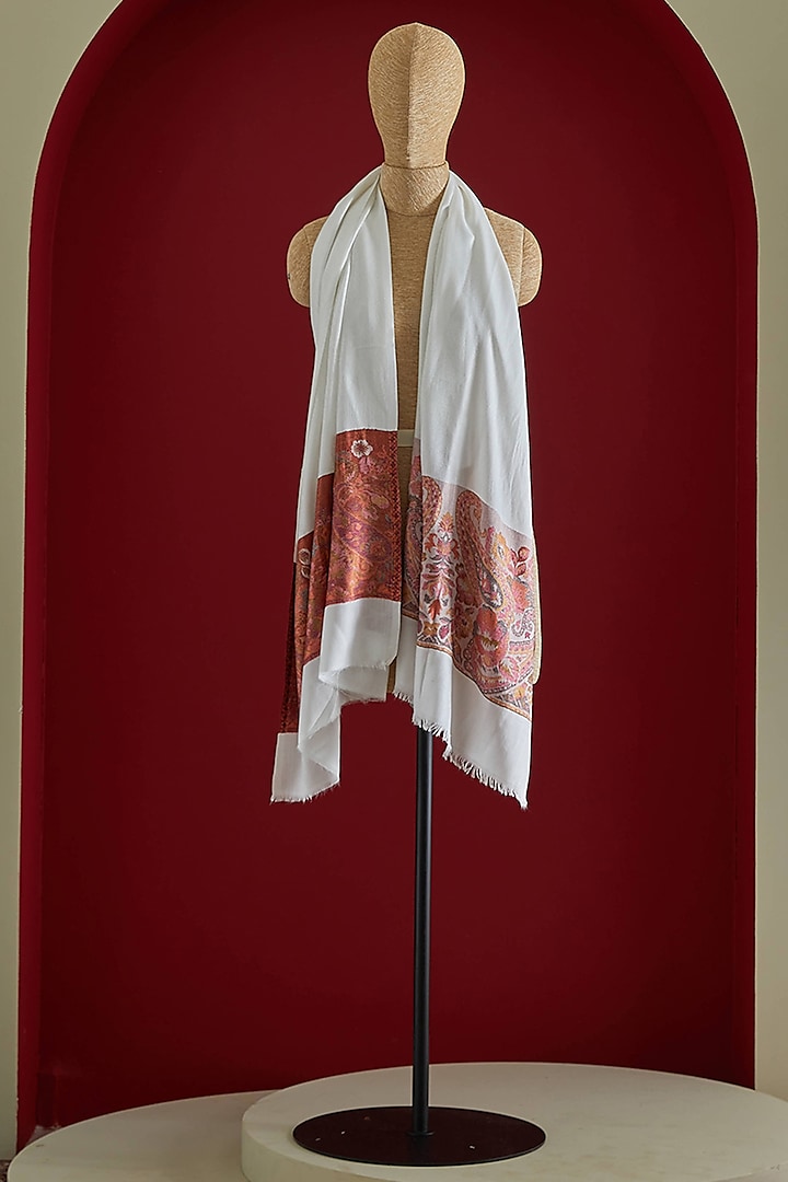 White & Brick Red Wool Silk Kani Stole by Shaza