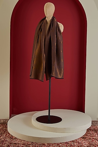 Brown & Golden Fine Count Wool Interwoven Zari Stole by Shaza