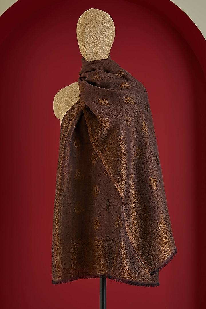Brown & Golden Fine Count Wool Interwoven Zari Stole by Shaza at Pernia's Pop Up Shop