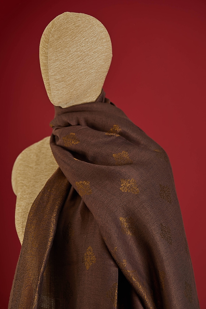 Brown & Golden Fine Count Wool Interwoven Zari Stole by Shaza at Pernia's Pop Up Shop