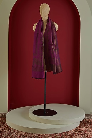 Purple & Copper Gold Fine Count Wool Interwoven Zari Stole by Shaza