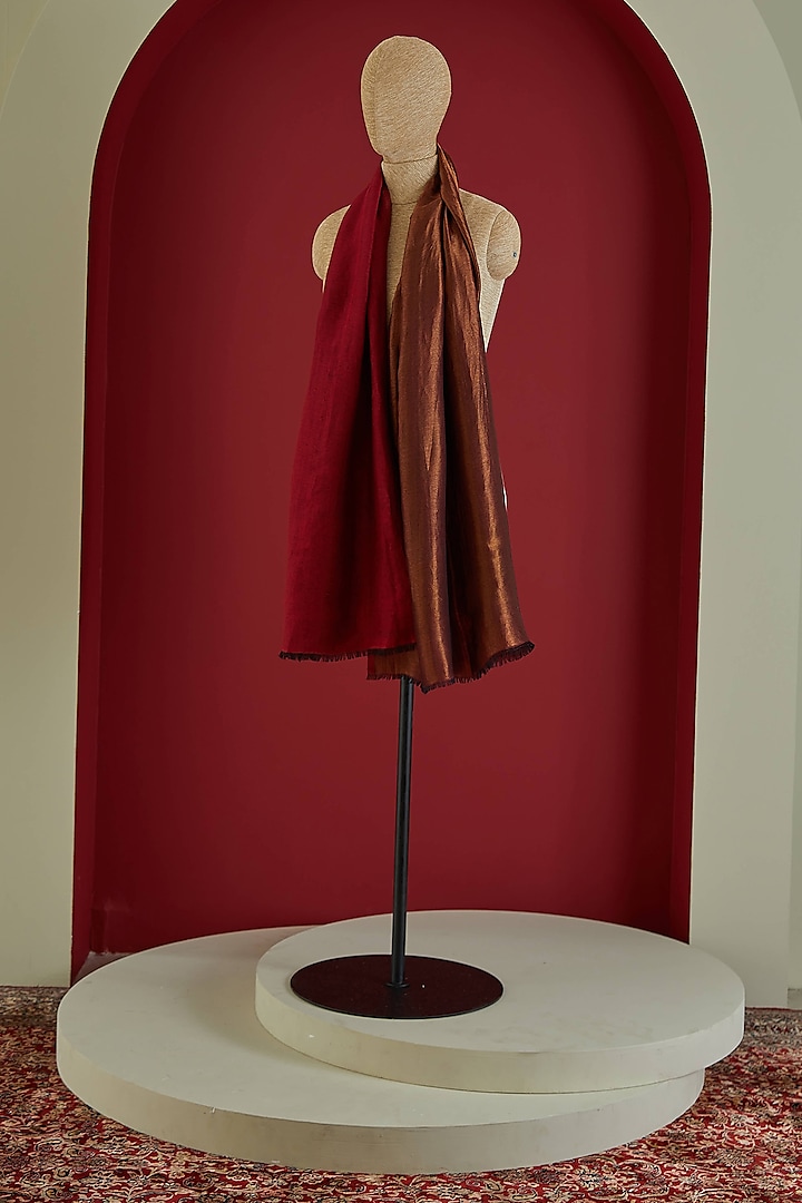 Red & Golden Fine Count Wool Interwoven Zari Stole by Shaza at Pernia's Pop Up Shop