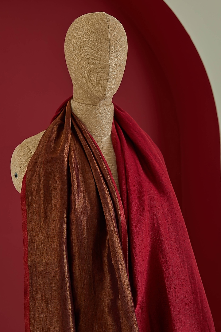 Red & Golden Fine Count Wool Interwoven Zari Stole by Shaza at Pernia's Pop Up Shop