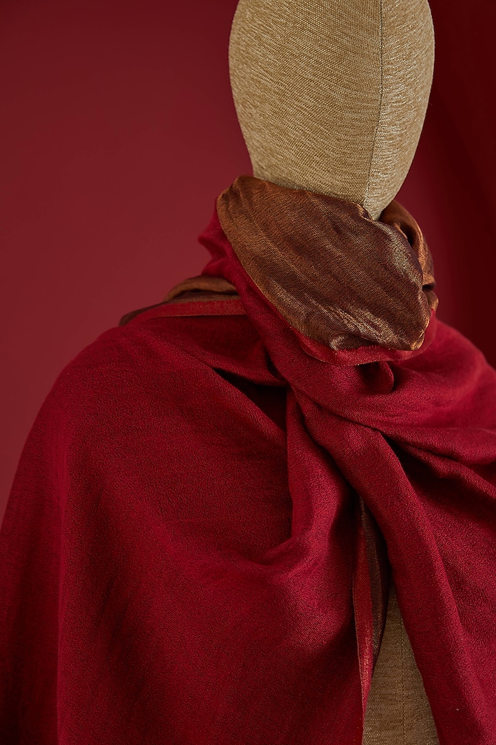 Red & Golden Fine Count Wool Interwoven Zari Stole by Shaza at Pernia's Pop Up Shop