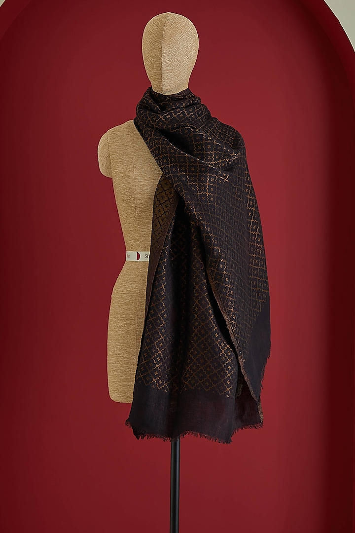 Black & Golden Fine Count Wool Interwoven Zari Stole by Shaza at Pernia's Pop Up Shop