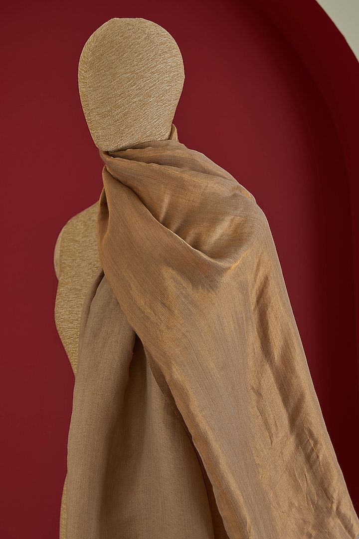 Beige & Golden Fine Count Wool Interwoven Zari Stole by Shaza at Pernia's Pop Up Shop