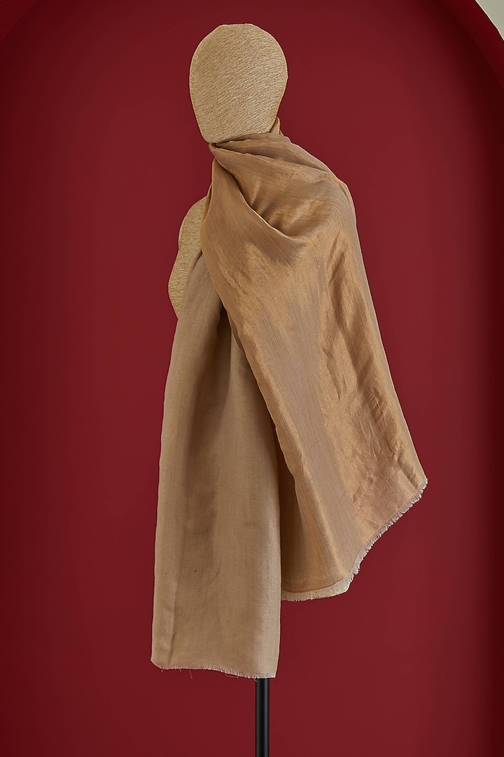Beige & Golden Fine Count Wool Interwoven Zari Stole by Shaza at Pernia's Pop Up Shop
