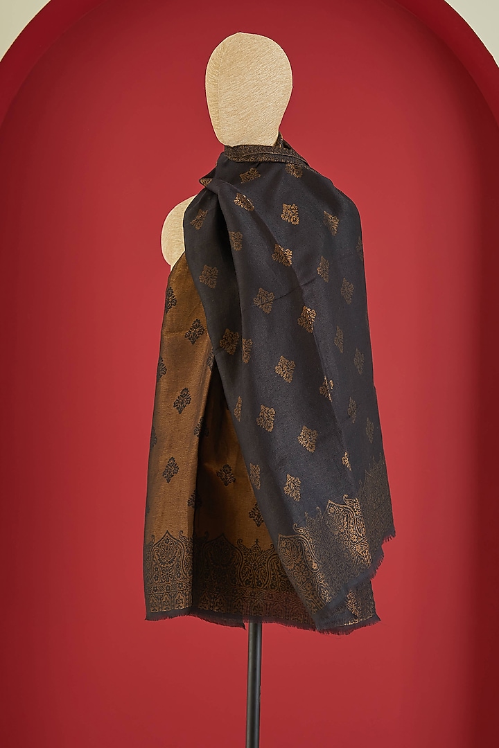 Black & Golden Fine Count Wool Interwoven Zari Stole by Shaza at Pernia's Pop Up Shop