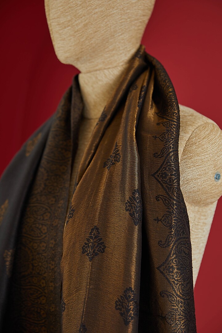 Black & Golden Fine Count Wool Interwoven Zari Stole by Shaza at Pernia's Pop Up Shop