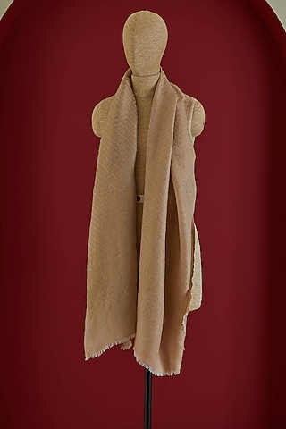 Beige & Golden Fine Count Wool Interwoven Zari Stole by Shaza