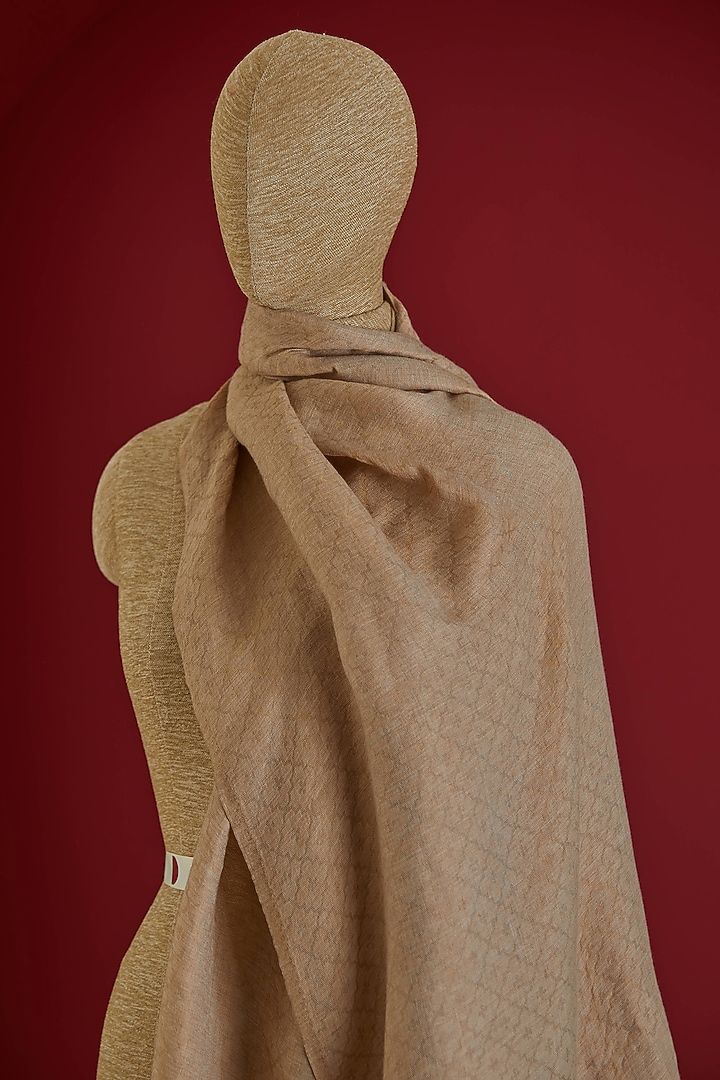 Beige & Golden Fine Count Wool Interwoven Zari Stole by Shaza at Pernia's Pop Up Shop