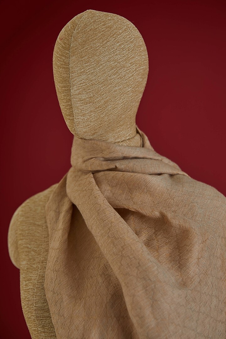 Beige & Golden Fine Count Wool Interwoven Zari Stole by Shaza at Pernia's Pop Up Shop