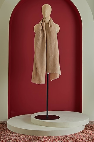 Beige & Golden Fine Count Wool & Zari Self Woven Herringbone Stole by Shaza
