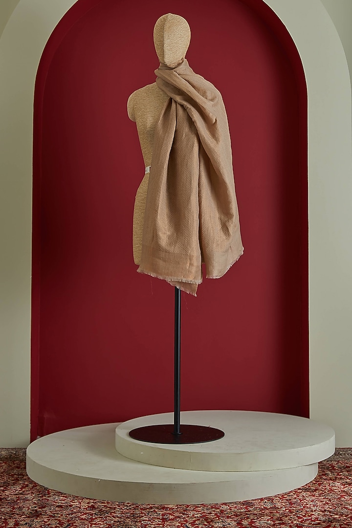 Beige & Golden Fine Count Wool & Zari Self Woven Herringbone Stole by Shaza at Pernia's Pop Up Shop