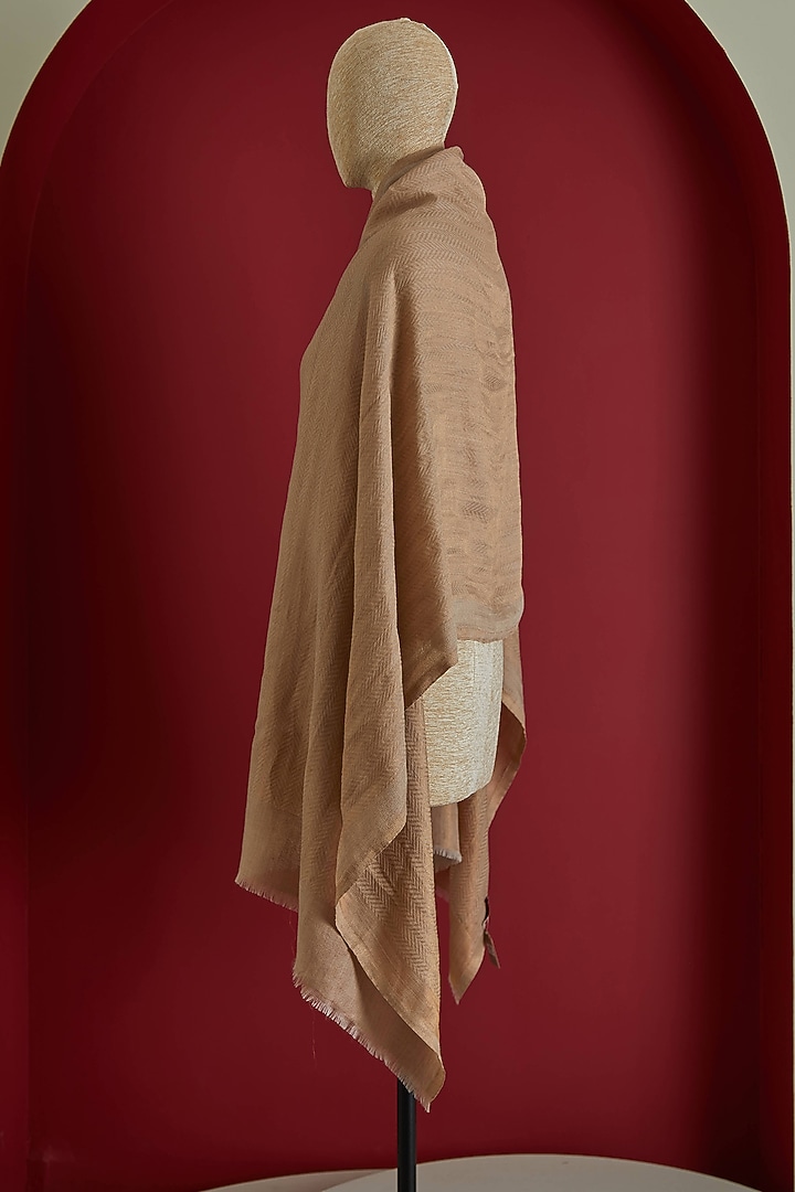 Beige & Golden Fine Count Wool & Zari Self Woven Herringbone Stole by Shaza at Pernia's Pop Up Shop