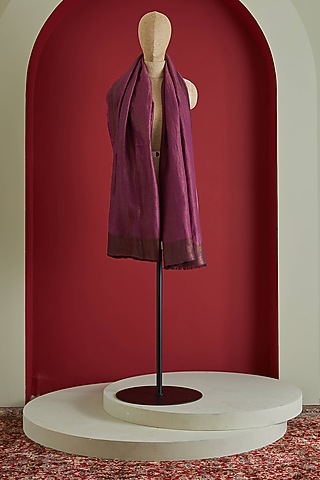 Plum & Golden Fine Count Wool & Zari Self Woven Herringbone Stole by Shaza