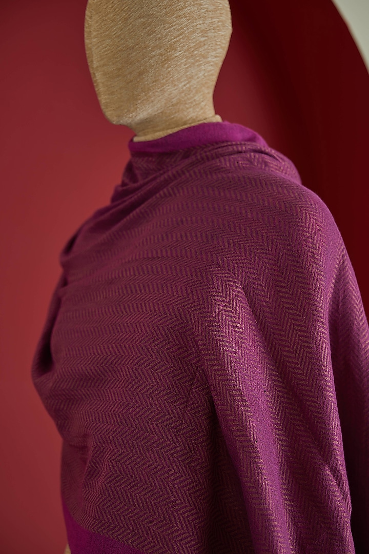 Plum & Golden Fine Count Wool & Zari Self Woven Herringbone Stole by Shaza at Pernia's Pop Up Shop
