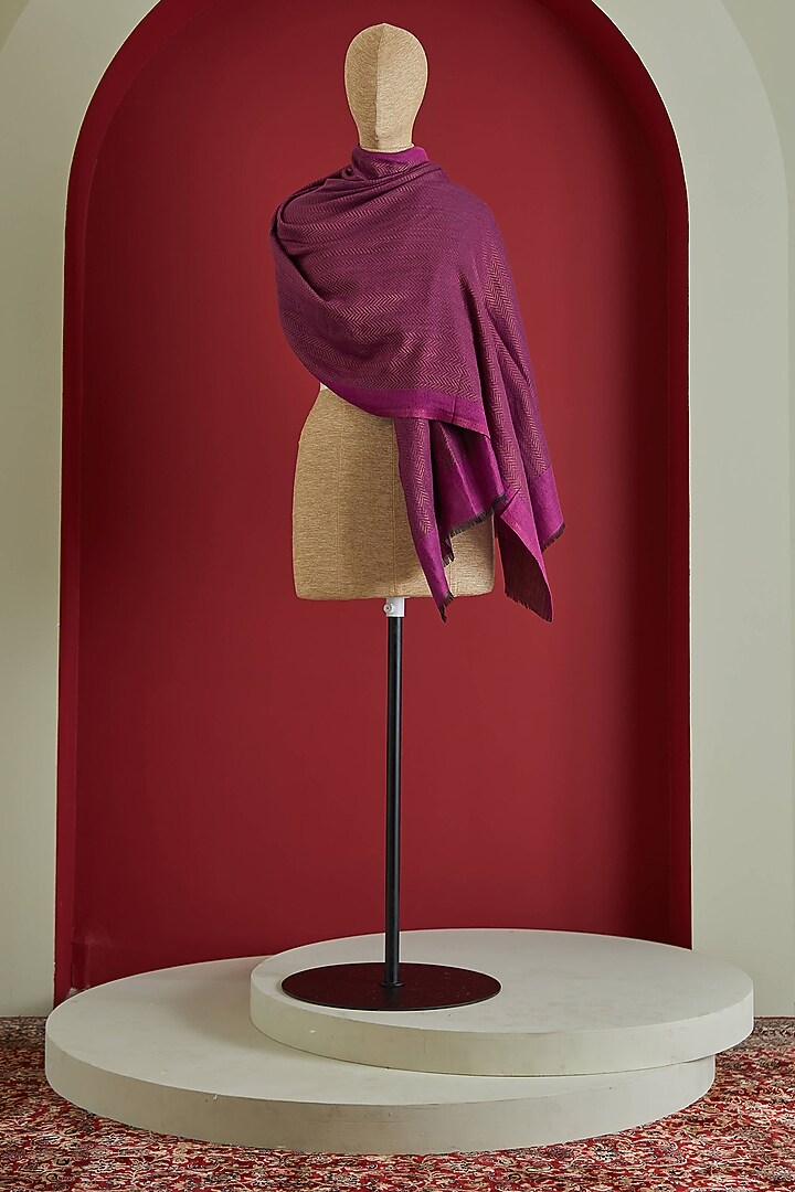 Plum & Golden Fine Count Wool & Zari Self Woven Herringbone Stole by Shaza at Pernia's Pop Up Shop
