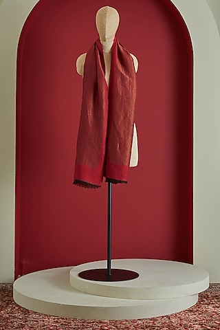 Red & Golden Fine Count Wool & Zari Self Woven Herringbone Stole by Shaza