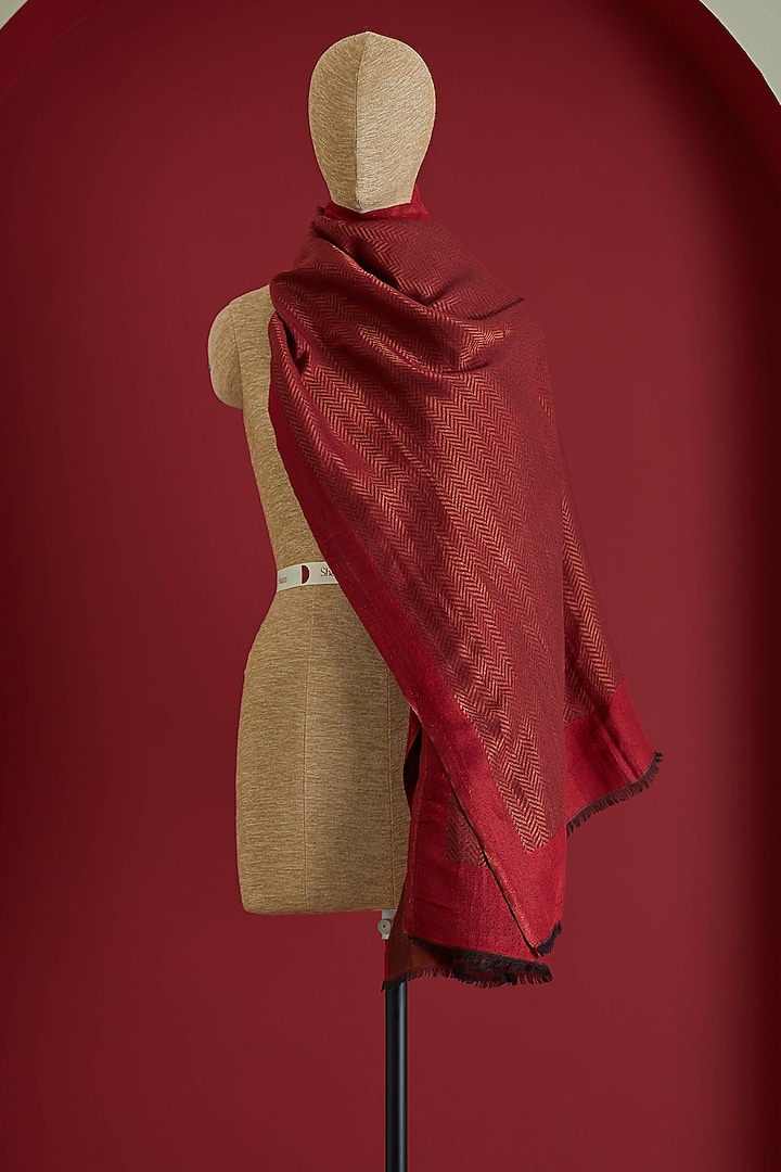 Red & Golden Fine Count Wool & Zari Self Woven Herringbone Stole by Shaza at Pernia's Pop Up Shop