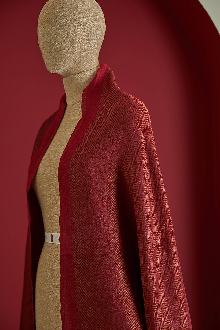 Red & Golden Fine Count Wool & Zari Self Woven Herringbone Stole by Shaza at Pernia's Pop Up Shop