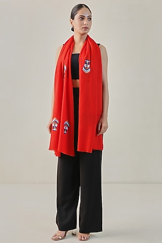 Red Pashmina Motif Machine Embroidered Stole by Shaza