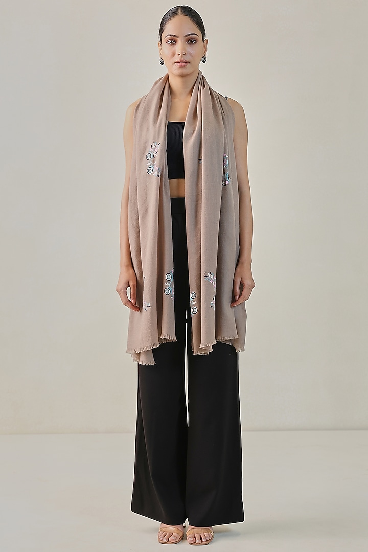 Beige Pashmina Machine Embroidered Stole by Shaza at Pernia's Pop Up Shop
