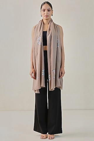 Beige Pashmina Machine Embroidered Stole by Shaza