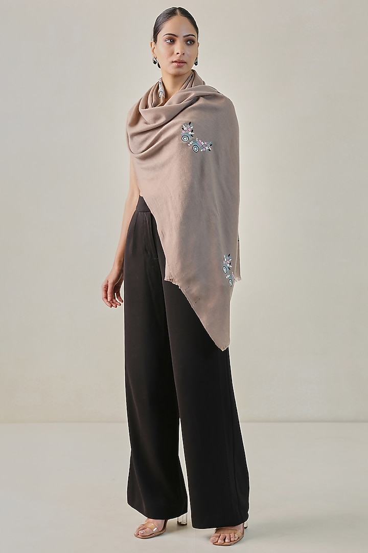 Beige Pashmina Machine Embroidered Stole by Shaza at Pernia's Pop Up Shop