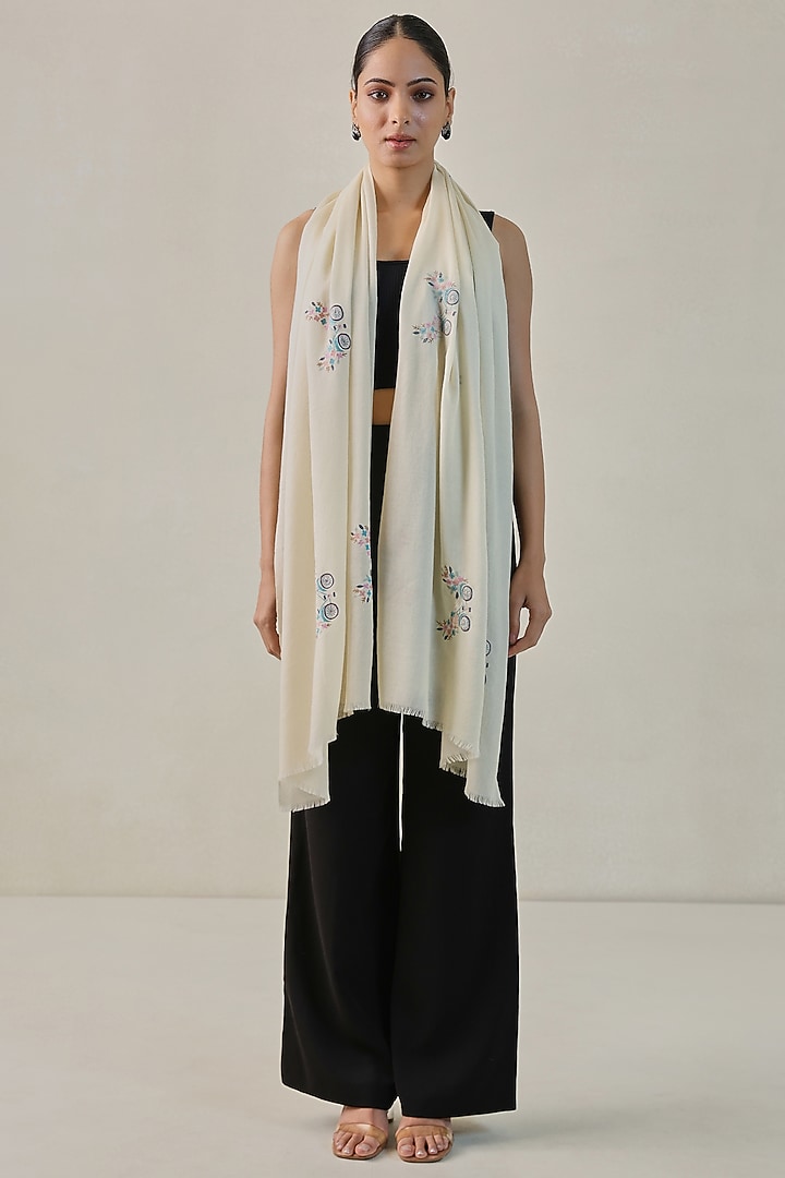Ivory Pashmina Machine Embroidered Stole by Shaza at Pernia's Pop Up Shop