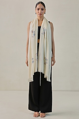 Ivory Pashmina Machine Embroidered Stole by Shaza