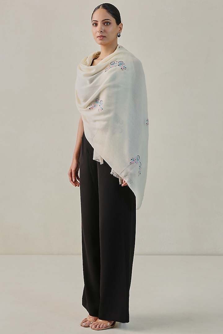 Ivory Pashmina Machine Embroidered Stole by Shaza at Pernia's Pop Up Shop