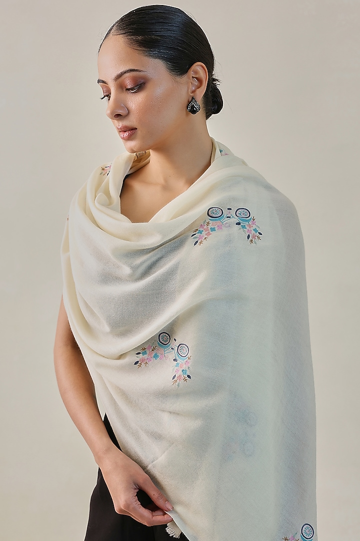 Ivory Pashmina Machine Embroidered Stole by Shaza at Pernia's Pop Up Shop