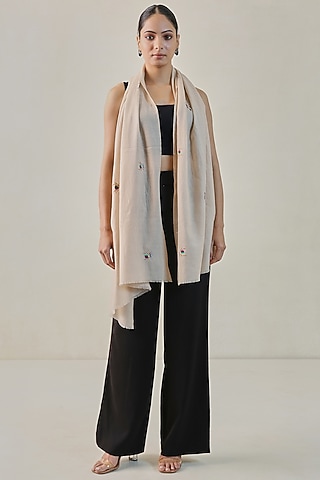 Ivory Pashmina Motif Machine Embroidered Stole by Shaza
