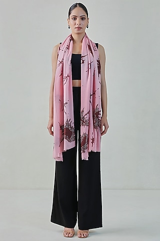 Pink & Wine Woolen Hand Painted & Swarovski Embroidered Stole by Shaza