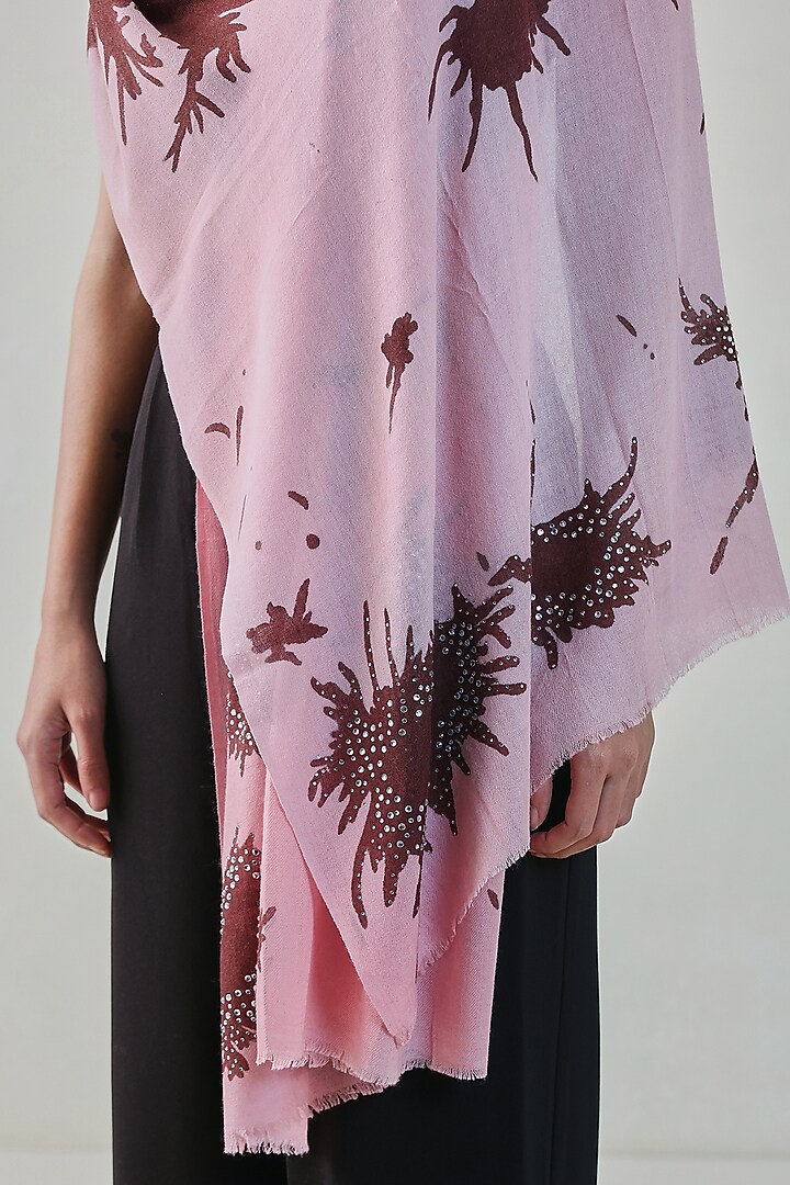 Pink & Wine Woolen Hand Painted & Swarovski Embroidered Stole by Shaza at Pernia's Pop Up Shop