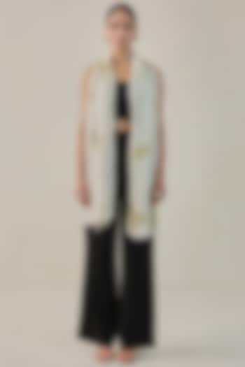 Ivory Woolen Hand Painted & Swarovski Embroidered Stole by Shaza at Pernia's Pop Up Shop