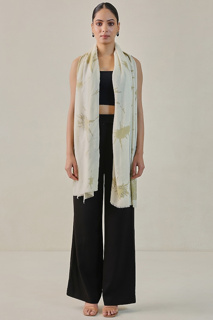 Ivory Woolen Hand Painted & Swarovski Embroidered Stole by Shaza at Pernia's Pop Up Shop