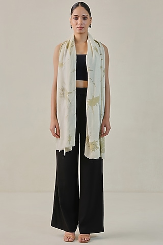 Ivory Woolen Hand Painted & Swarovski Embroidered Stole by Shaza